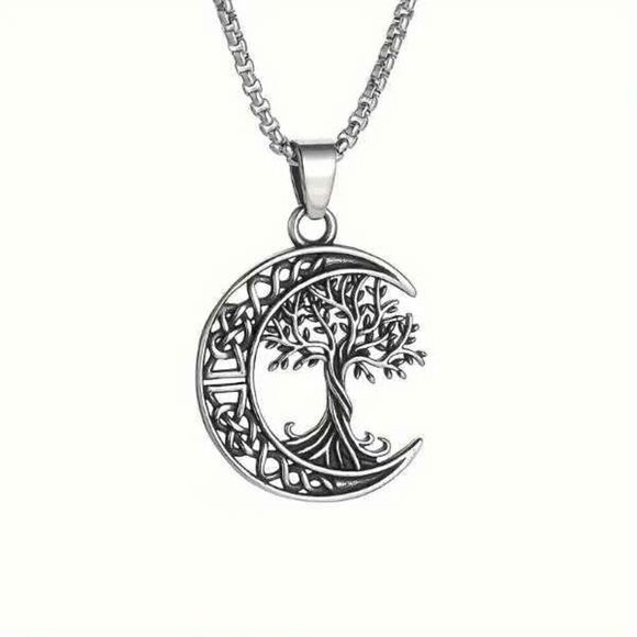 Moon Tree Of Life Unisex Stainless Steel Pendant Necklace - Picture 1 of 8